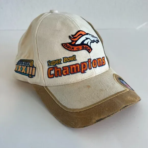 DENVER BRONCOS Vtg 90s Super Bowl Championship 1999 Beige Suede Hat Cap - Picture 1 of 8